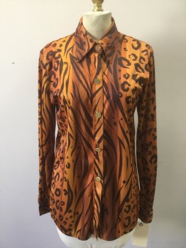 Womens, Blouse, BE CASUAL, Brown, Rust Orange, Polyester, Animal Print, S, Button Front, Collar Attached, Long Sleeves with Button Cuffs, Shiny Gold Buttons, Late 1990s