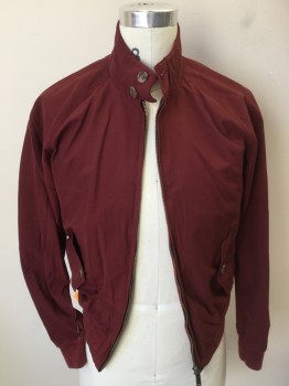 Mens, Jacket, BARACUTA, Maroon Red, Cotton, Polyester, Solid, C: 36, Collar Attached with 2 Buttons,  2 Pockets with Slant Flaps, Ribbed Knit Long Sleeves Cuffs & Hem, Zip Front,