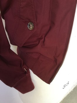 Mens, Jacket, BARACUTA, Maroon Red, Cotton, Polyester, Solid, C: 36, Collar Attached with 2 Buttons,  2 Pockets with Slant Flaps, Ribbed Knit Long Sleeves Cuffs & Hem, Zip Front,
