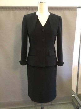 Womens, Suit, Jacket, TAHARI, Black, Polyester, Spandex, Solid, 10, Novelty Neckline with Single Pleat on Crew Neck & V Neck. 2 Buttons Single Breasted, 2 pockets,cuffed Sleeves