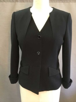 Womens, Suit, Jacket, TAHARI, Black, Polyester, Spandex, Solid, 10, Novelty Neckline with Single Pleat on Crew Neck & V Neck. 2 Buttons Single Breasted, 2 pockets,cuffed Sleeves