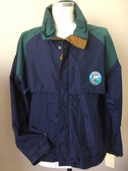 Mens, Jacket, DUNBROOKE, Navy Blue, Green, Mustard Yellow, Nylon, Solid, XL, Navy, Green Shoulder, Navy Yoke,mustard Brown Inside Collar Attached & Inside Center Front, Snap & Zip Front, Long Sleeves, with Velcro Cuffs