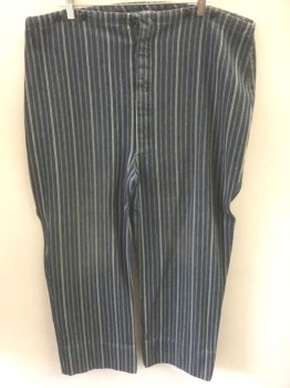 N/L, Denim Blue, Beige, Cotton, Stripes - Pin, Medium Blue Denim with Beige Pinstripes, Button Fly, Black Buttons on Outside Waistband, No Pockets, Made To Order Reproduction  **Faded at Knees,