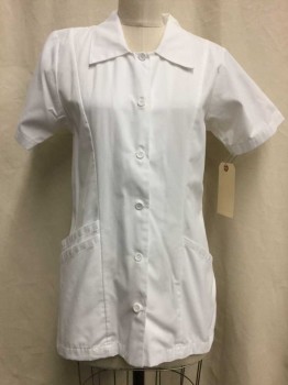 Womens, Nurse, Top/Smock, LANDAU, White, Cotton, Polyester, Solid, XS, White, Button Front, Collar Attached, Short Sleeve, 3 Pockets,