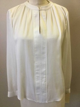 ANN TAYLOR, Cream, Polyester, Solid, Long Sleeves, Pull Over, Collar Band, Keyhole Neck,