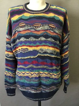 JOHN ASHFORD, Multi-color, Cotton, Acrylic, Abstract , Pullover, Textured Knit, Crew Neck,