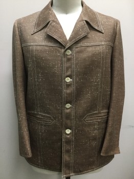 Mens, Jacket, N/L, Brown, Ivory White, Polyester, Speckled, 46R, 4 Buttons, Single Breasted, Sportswear Top Stitching, 2 Double Welt Pockets, the Fabric is Printed with the White Speckle, It is Very Well Done, Green and Brown Print Lining,