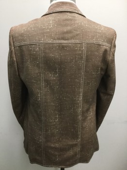 Mens, Jacket, N/L, Brown, Ivory White, Polyester, Speckled, 46R, 4 Buttons, Single Breasted, Sportswear Top Stitching, 2 Double Welt Pockets, the Fabric is Printed with the White Speckle, It is Very Well Done, Green and Brown Print Lining,