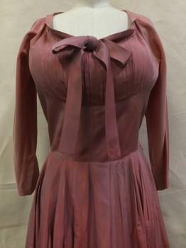 MTO, Dusty Rose Pink, Acetate, Solid, Sharkskin Weave, Ballet Neck with Fold Over Trim and Bow Center Front, Draped Long Sleeves, Pleated Bust Insert, Side Zipper, Pleated Skirt