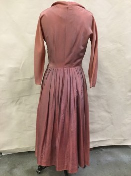 MTO, Dusty Rose Pink, Acetate, Solid, Sharkskin Weave, Ballet Neck with Fold Over Trim and Bow Center Front, Draped Long Sleeves, Pleated Bust Insert, Side Zipper, Pleated Skirt