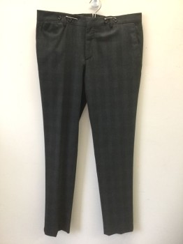 ZARA, Dk Gray, Charcoal Gray, Polyester, Viscose, Glen Plaid, Flat Front, Zip Fly, 4 Pockets Plus 1 Watch Pocket with Black Satin Trim, Suspender Buttons at Outside Waist on Either Side of Belt Loops, Slim Leg