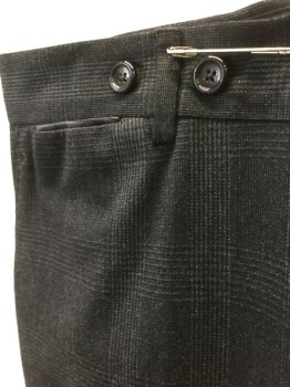 ZARA, Dk Gray, Charcoal Gray, Polyester, Viscose, Glen Plaid, Flat Front, Zip Fly, 4 Pockets Plus 1 Watch Pocket with Black Satin Trim, Suspender Buttons at Outside Waist on Either Side of Belt Loops, Slim Leg