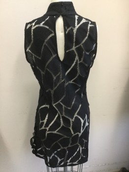 Womens, Dress, Sleeveless, IRO, Black, Nylon, Abstract , Geometric, M, Mock Turtle Neck, Lace, Ruffle at Bust and Diagonal Across Skirt, Pullover, Keyhole, with 2 Buttons,  Small Hole Right Back Skirt See Photo Attached,