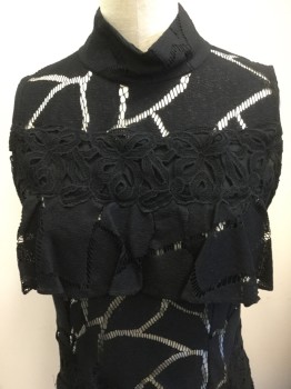 Womens, Dress, Sleeveless, IRO, Black, Nylon, Abstract , Geometric, M, Mock Turtle Neck, Lace, Ruffle at Bust and Diagonal Across Skirt, Pullover, Keyhole, with 2 Buttons,  Small Hole Right Back Skirt See Photo Attached,