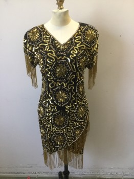 Womens, Cocktail Dress, MARK & JOHN, Black, Gold, Silk, Sequins, Floral, W28, B34, V Neck Black Chiffon with Gold Beaded & Gold Sequin Floral Pattern. Short Sleeves, Tiny Gold Beaded Tassles at Sleeves and Hemline, Cross Over Wrap Drape at Hemline. Some Damage at Shoulders and Front Has Some Sequins Missing.