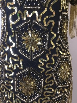 Womens, Cocktail Dress, MARK & JOHN, Black, Gold, Silk, Sequins, Floral, W28, B34, V Neck Black Chiffon with Gold Beaded & Gold Sequin Floral Pattern. Short Sleeves, Tiny Gold Beaded Tassles at Sleeves and Hemline, Cross Over Wrap Drape at Hemline. Some Damage at Shoulders and Front Has Some Sequins Missing.