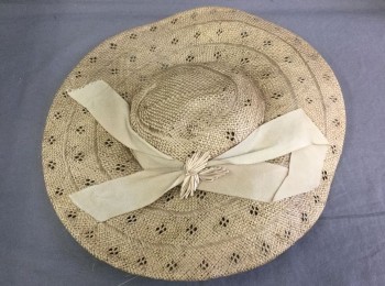 Womens, Hat, N/L, Taupe, Straw, Silk, Solid, Taupe Straw with Self Diamond Pattern Holes, Wide Brim, Round Crown, Taupe Faille Bow with Taupe Silk Flower Detail,
