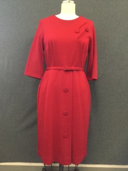 BRUCKNIT, Red, Wool, Solid, DBL Knit, Scoop Neck, 3/4 SLV, Pleated Skirt, Piping Detail, CF Skirt Panel with Covered Btu Detail,Self Belt Attached, Zip CB,  Below Knee (couple Small Holes on Back Near Zipper and Mid-Skirt and Left Sleeve Near Cuff, 1 Poorly Repaired Hole Back Left Sleeve)