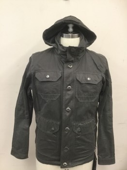 Mens, Casual Jacket, KUHL, Slate Gray, Cotton, Polyester, Solid, M, Zip/Button Front, 6+ Pockets, Collar Attached, Hood Zipped Into Collar, Long Sleeves, Snap Cuff