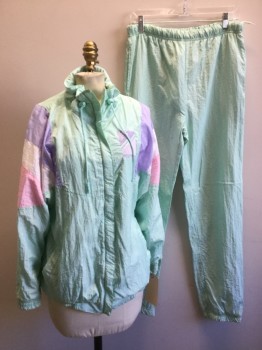 Womens, 1980s Vintage, Athletic, LAVON, Mint Green, Lavender Purple, Pink, White, Nylon, Color Blocking, M , Zip Front Jacket, 2 Pockets, Elastic Waist, Elastic Cuffs, Drawstring Collar, Frosty, Cotton Lining