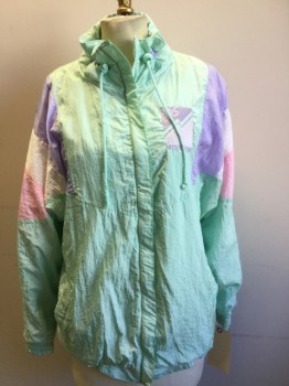 Womens, 1980s Vintage, Athletic, LAVON, Mint Green, Lavender Purple, Pink, White, Nylon, Color Blocking, M , Zip Front Jacket, 2 Pockets, Elastic Waist, Elastic Cuffs, Drawstring Collar, Frosty, Cotton Lining