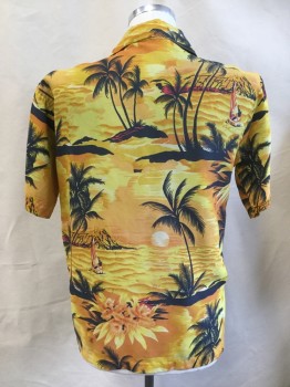 Mens, Hawaiian Shirt, ALVISH, Yellow, Orange, Black, Red, Beige, Polyester, Tropical , M, (DOUBLE)  Collar Attached, Button Front, 1 Pocket, Short Sleeves