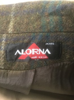 Womens, Coat, ALORNA, Brown, Forest Green, Navy Blue, Beige, Wool, Plaid-  Windowpane, L, Double Breasted, Notched Lapel, Padded Shoulders, 2 Pockets at Hips, Mid Calf Length,