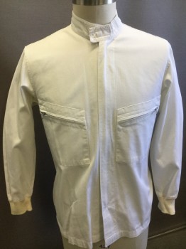 Mens, Jacket, JFF, White, Cotton, Solid, 42, Zip Front, Band Collar,  Zip Pockets, Stitched Back Pleats, Knit Band Cuffs
