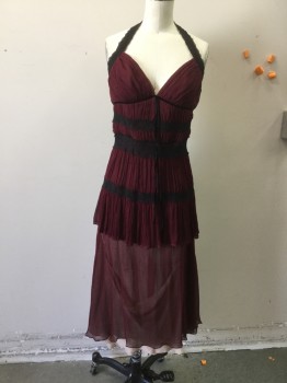 BCBG, Red Burgundy, Black, Polyester, Poly Chiffon, Tiered, with Black Lace Trim & Insets, Haulter, Back Zip, Self Tie Around Neck
