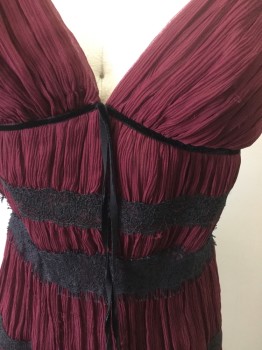 BCBG, Red Burgundy, Black, Polyester, Poly Chiffon, Tiered, with Black Lace Trim & Insets, Haulter, Back Zip, Self Tie Around Neck
