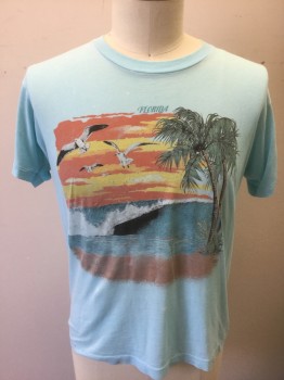 Mens, T-shirt, N/L, Lt Blue, Multi-color, Cotton, Graphic, Tropical , L, with Multicolor Tropical Scene with Palm Trees in the Sunset on the Beach, Seagulls Flying, Etc, "Florida" Text Above Graphic, Real Vintage **Has a Few Small Bleach/Fade Spots