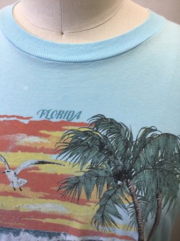 Mens, T-shirt, N/L, Lt Blue, Multi-color, Cotton, Graphic, Tropical , L, with Multicolor Tropical Scene with Palm Trees in the Sunset on the Beach, Seagulls Flying, Etc, "Florida" Text Above Graphic, Real Vintage **Has a Few Small Bleach/Fade Spots