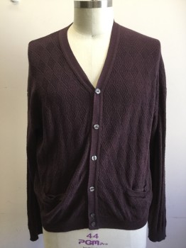 Mens, Cardigan Sweater, FIESOLE, Aubergine Purple, Synthetic, Solid, XL, Novelty Diamond Knit, Button Front, 2 Pockets, Long Sleeves, Ribbed Knit Cuff/Waistband
