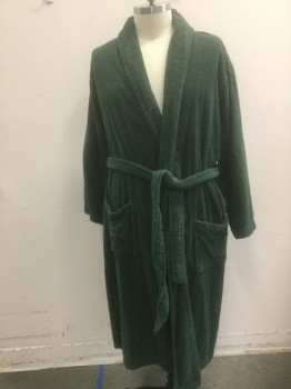 Mens, Bathrobe, KINGSIZE, Forest Green, Cotton, Solid, TALL, L/XL , Terry Cloth, Shawl Lapel, 2 Patch Pockets at Hips, **With Matching Belt