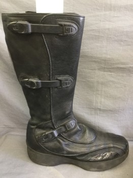 Mens, Sci-Fi/Fantasy Boots , MTO, Black, Leather, Solid, 12, Made To Order, 3 Plastic Buckles, Knee High, Suede and Patent Leather Detail