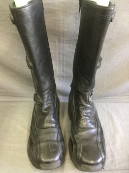 Mens, Sci-Fi/Fantasy Boots , MTO, Black, Leather, Solid, 12, Made To Order, 3 Plastic Buckles, Knee High, Suede and Patent Leather Detail