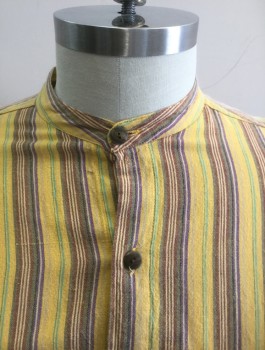KARUNA, Sunflower Yellow, Brown, Purple, Sea Foam Green, Beige, Cotton, Stripes - Vertical , Gauzy Fabric, Long Sleeve Button Front, Band Collar, 1 Patch Pocket, *Faded Shoulders