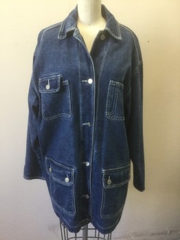 Womens, Jacket, JONES NEW YORK, Denim Blue, Rayon, Cotton, Solid, B:44", S, Medium Blue Denim, White Top Stitching, 6 Button Front, Collar Attached, 4 Patch Pockets, Oversized Fit, Lining is Red/Navy/Green Plaid Flannel,