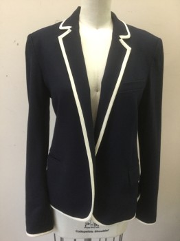 Womens, Blazer, THEORY, Navy Blue, Off White, Wool, Solid, 4, Dark Navy with Off White Trim, Notched Lapel, 1 Button, 3 Pockets, Fitted  **Missing Button