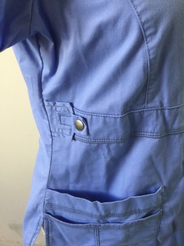 N/L, French Blue, Polyester, Viscose, Solid, Feminine Cut, Short Sleeves, V-neck with Wrapped Look/Detail, 4 Hip Pockets/Compartments, 1.5" Wide Self Waistband with Metal Studs at Either Side, Gray Top Stitching Throughout