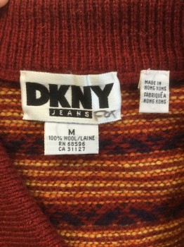 DKNY, Burnt Orange, Yellow, Orange, Navy Blue, Wool, Stripes - Horizontal , Pullover, V-neck with Collar