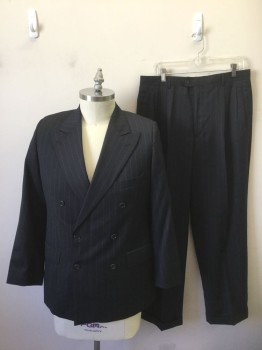 Mens, 1980s Vintage, Suit, Jacket, VALENTINO, Black, White, Wool, Stripes - Pin, 42, Cool Black with White Dotted Pinstripes, Double Breasted, Peaked Lapel, Late 1980's/Early 1990's
