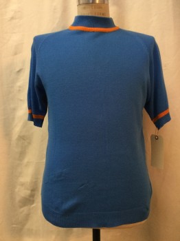 BERTANO, Aqua Blue, Orange, Acrylic, Solid, Aqua Knit, Orange Trim, Mock Neck, Short Sleeves,