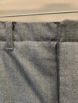 Mens, 1920s Vintage, Suit, Pants, SIAM COSTUMES MTO, Gray, French Blue, Wool, Herringbone, Stripes - Pin, I:Open, W:41, Flat Front, Button Fly, 4 Pockets, Belt Loops