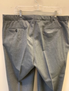 Mens, 1920s Vintage, Suit, Pants, SIAM COSTUMES MTO, Gray, French Blue, Wool, Herringbone, Stripes - Pin, I:Open, W:41, Flat Front, Button Fly, 4 Pockets, Belt Loops
