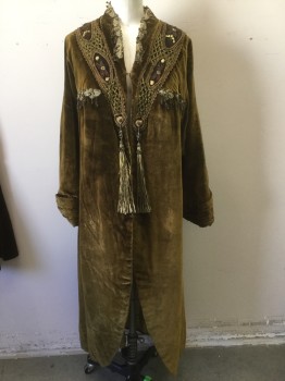 MTO, Olive Green, Black, Brown, Beaded, Silk, Solid, Olive Velvet with Braided Satin Ribbon and Cords Appliques, Two Hanging Tassles, Curved Front , Pleated and Cuffed Sleeves, Beautiful Silk Brocade Chartreuse Lining,