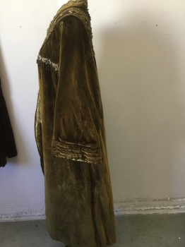 MTO, Olive Green, Black, Brown, Beaded, Silk, Solid, Olive Velvet with Braided Satin Ribbon and Cords Appliques, Two Hanging Tassles, Curved Front , Pleated and Cuffed Sleeves, Beautiful Silk Brocade Chartreuse Lining,