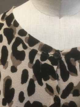 HALOGEN, Beige, Black, Brown, Viscose, Nylon, Animal Print, Leopard Spots, Knit, 3/4 Sleeves, Round Neck, Button Front