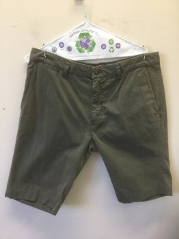 Mens, Shorts, MASON'S, Olive Green, Cotton, Solid, W:34, Flat Front, Zip Fly, 5 Pockets, Belt Loops, 11.5" Inseam