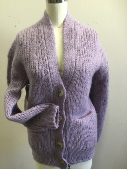 WILFRED, Lavender Purple, Alpaca, Nylon, Solid, Button Front, 2 Pockets, Chunky Knit